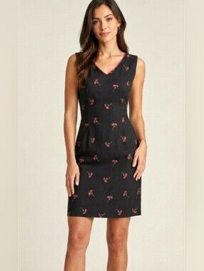Amanda Smith Sleeveless Black V-Neck Sheath Pin Up Dress Pink Floral Embroidery